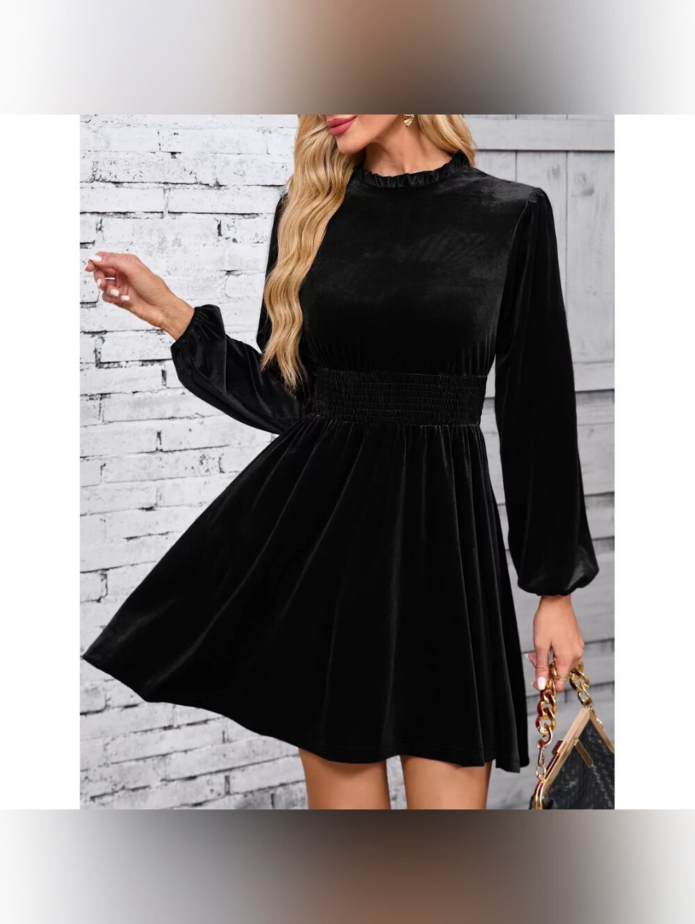 Classic Black Velvet Long-Sleeve Dress